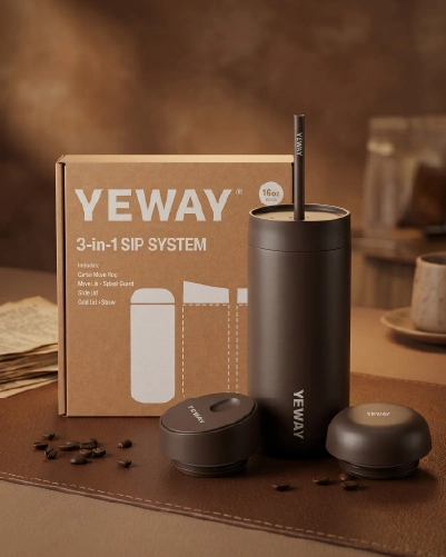 3 in 1 coffee mug retail packaging and interchangeable lid system