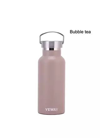 Bubble tea color insulated drink bottle with bamboo lid for private label and promotional drinkware projects.