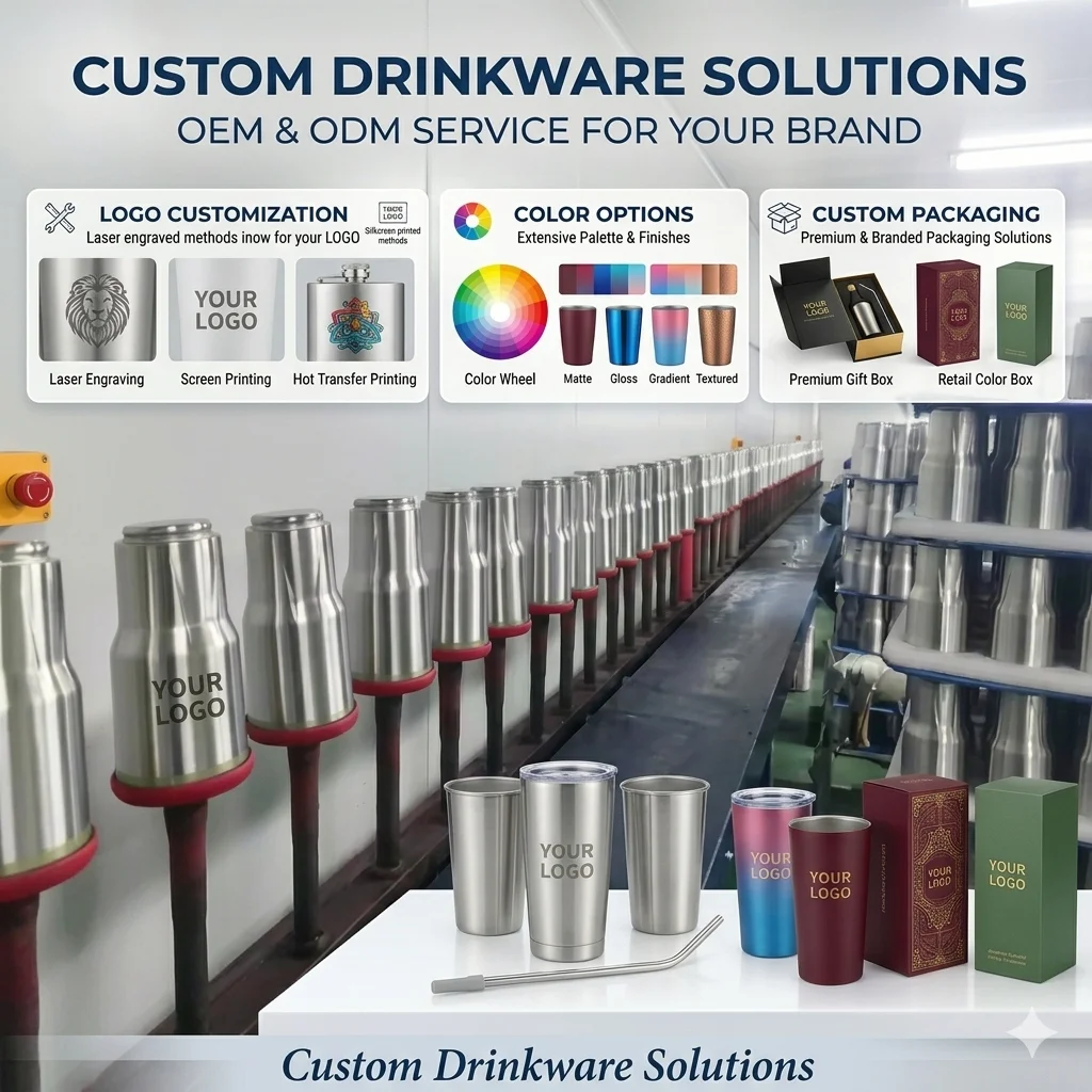 Custom logo stainless steel drinkware with retail packaging and powder coating surface finish solutions