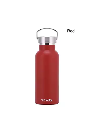 Dark red metal vacuum flask with bamboo lid for private label wholesale drinkware manufacturing.