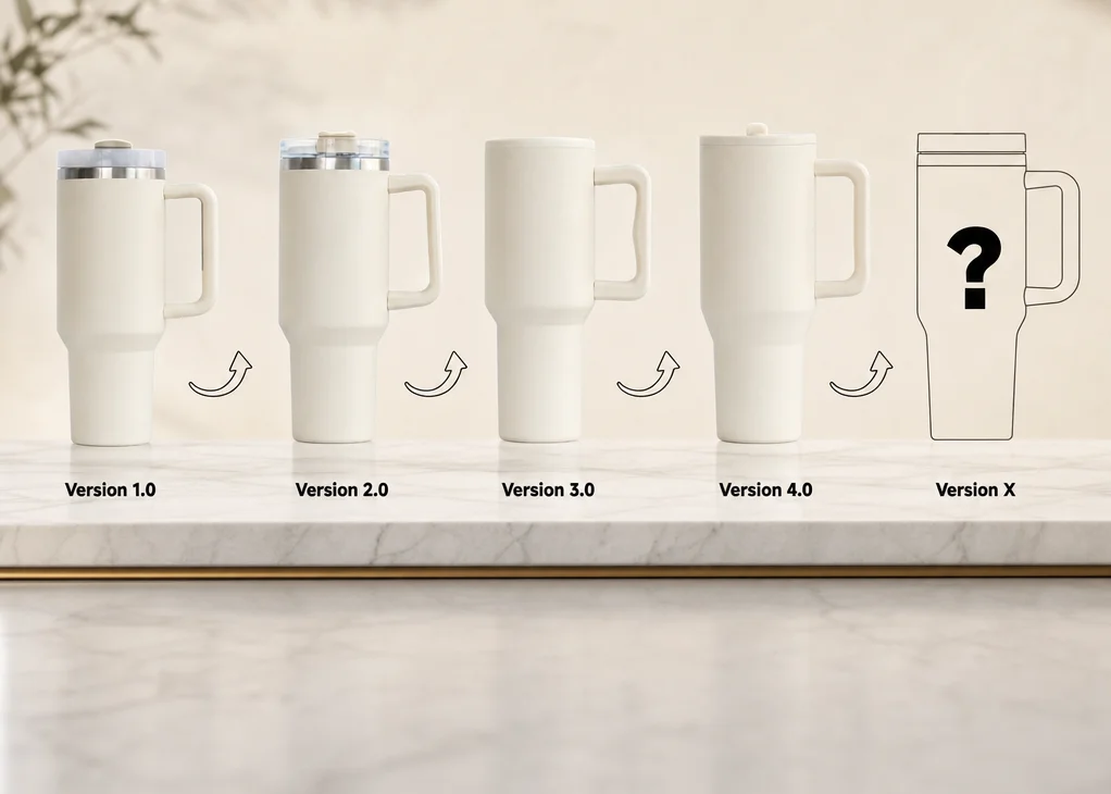 Generation 1 to Generation 4 stainless steel 40oz tumbler series with upgraded handle, lid, and leakproof structure for OEM wholesale drinkware manufacturing