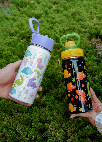 Glossy finish stainless steel kids bottle with full wrap patterns