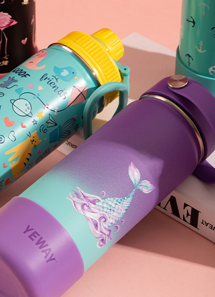 Gradient powder coated kids bottle with high-resolution UV printing