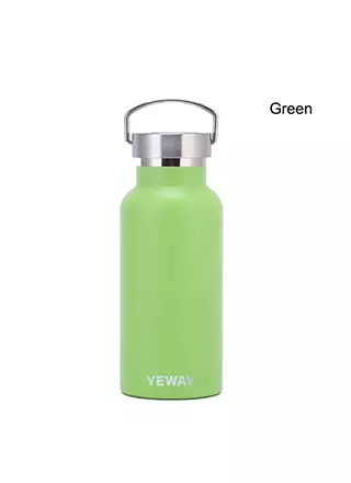 Green reusable stainless steel water bottle with bamboo lid for custom logo wholesale orders.