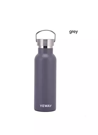 Grey stainless steel drink bottle with bamboo lid supplied by an OEM water bottle manufacturer.