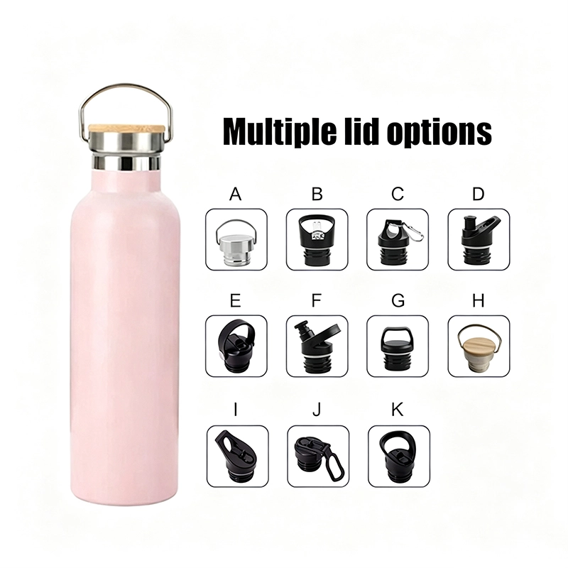 Stainless steel vacuum flask compatible with bamboo lid, straw lid, stainless steel lid and carry handle lid for OEM drinkware collections