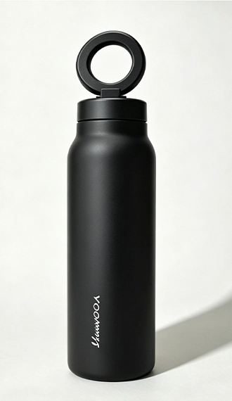 Black magnetic water bottle with secure phone mount system for OEM and private label drinkware brands