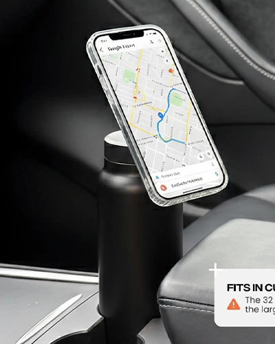 Magnetic water bottle phone mount used for in-car navigation and hands-free GPS viewing