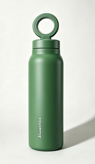 Green magnetic water bottle with hands free phone mounting system for custom branding projects