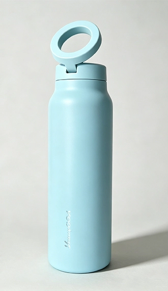Light blue magnetic water bottle with phone mount system available for custom logo branding