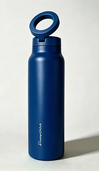 Navy blue magnetic water bottle with integrated phone mount for wholesale drinkware programs