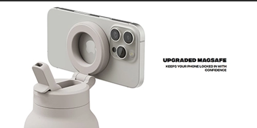 Reinforced MagSafe compatible magnetic phone mount system on water bottle for secure attachment