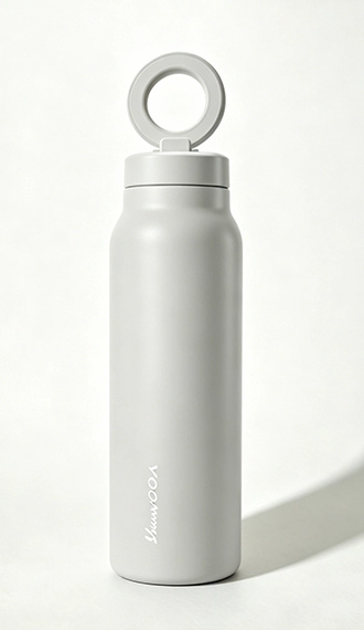 White magnetic water bottle with MagSafe-compatible phone mount for wholesale and private label branding