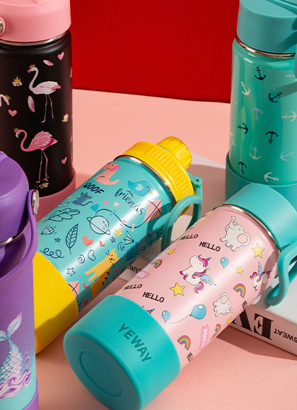 Durable powder coated kids water bottle with laser engraved logo