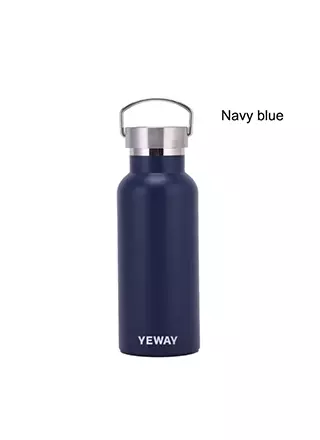 Navy blue thermal water bottle with bamboo lid for wholesale distributors and retail collections.