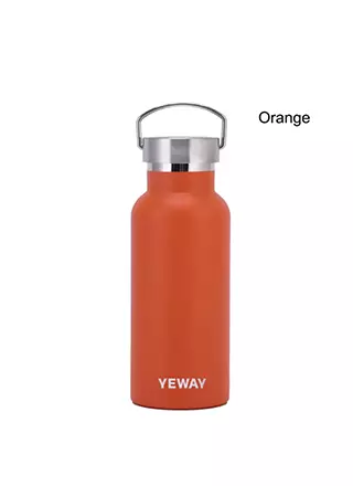 Orange travel water bottle with bamboo lid manufactured for custom branded drinkware collections.