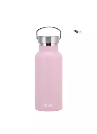 Pink stainless steel insulated bottle with bamboo lid for custom retail and promotional water bottle projects.