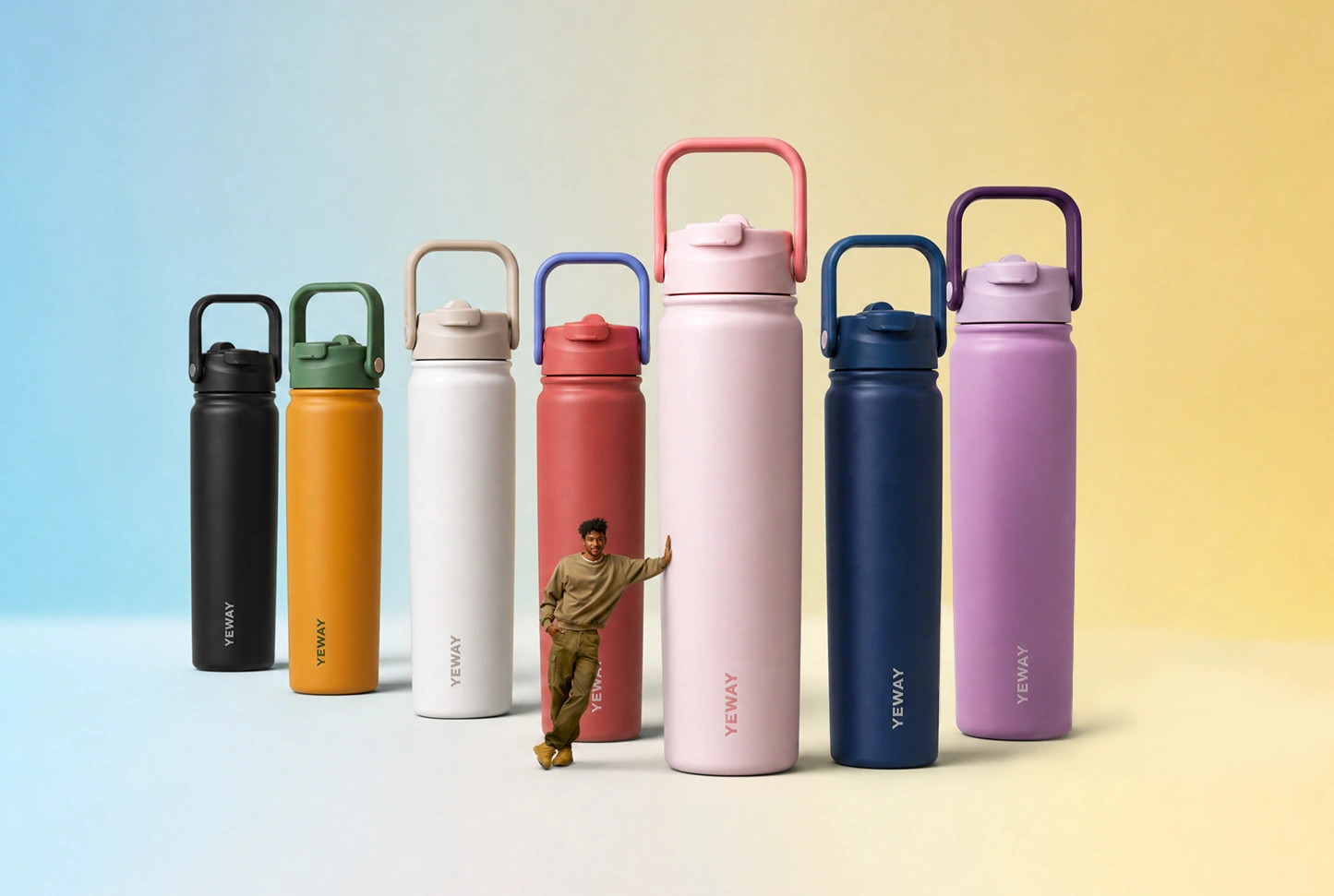 Premium insulated water bottle with handle featured in gym, commuting, and outdoor lifestyle scenes with textured matte finish and dual drinking lid