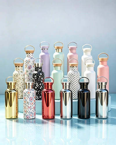 Premium surface finish options including powder coating, metallic coating and polished stainless steel bottles