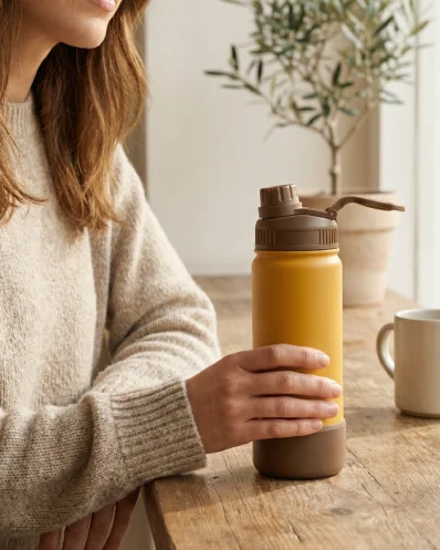 YW-03 wide mouth stainless steel bottle used on a rugged hiking trail.