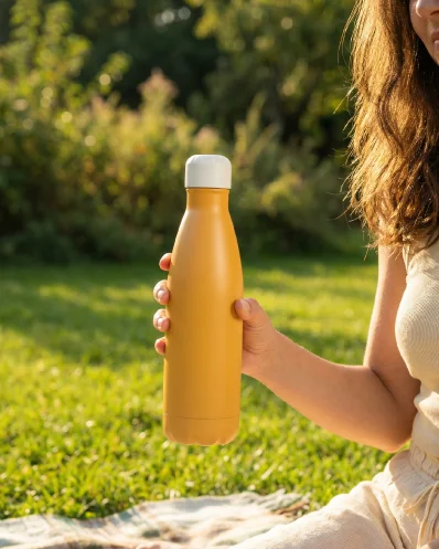 Stylish YW-10 cola-style flask on a sunny beach vacation background.