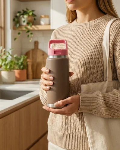 Portable YW-12 carry-handle thermal flask attached to an outdoor backpack.