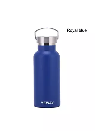 Royal blue metal water bottle with bamboo lid from a custom stainless steel bottle factory.