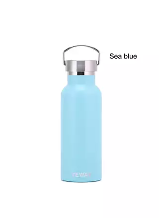 Sea blue insulated flask with bamboo lid for promotional products and OEM manufacturing.