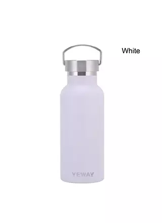 White stainless steel vacuum flask with bamboo lid manufactured for private label drinkware brands.