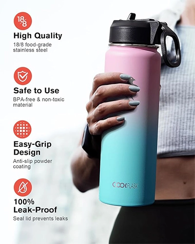 Wide mouth insulated water bottle with flip handle lid for portable hydration