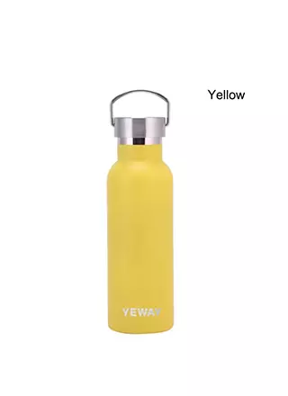 Yellow powder coated stainless steel water bottle with bamboo lid for wholesale and bulk supply.