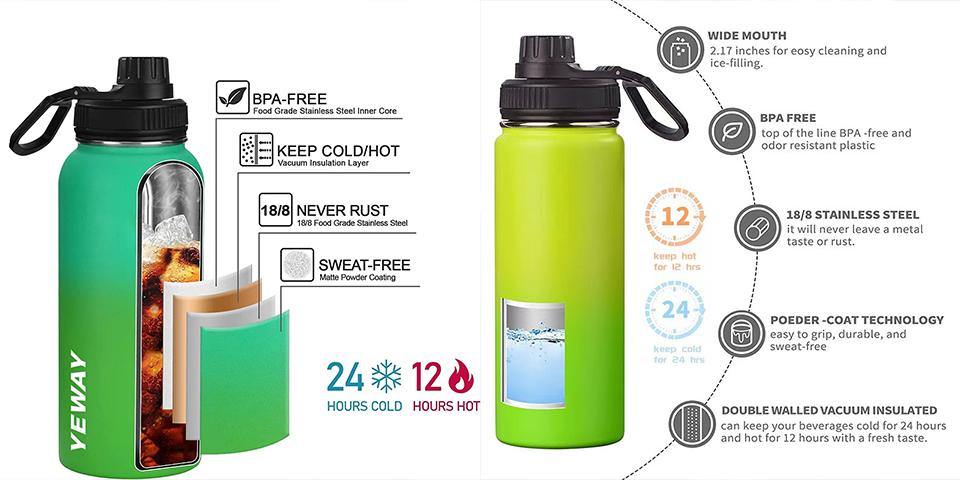 double wall Vacuum insulated stainless steel water bottle for camping
