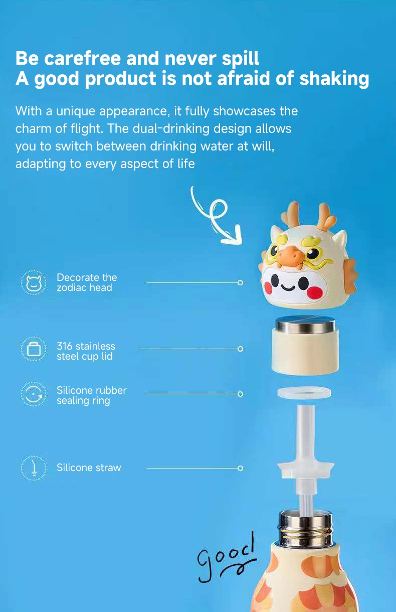 Close-up of 3D animal head lid for insulated water bottle