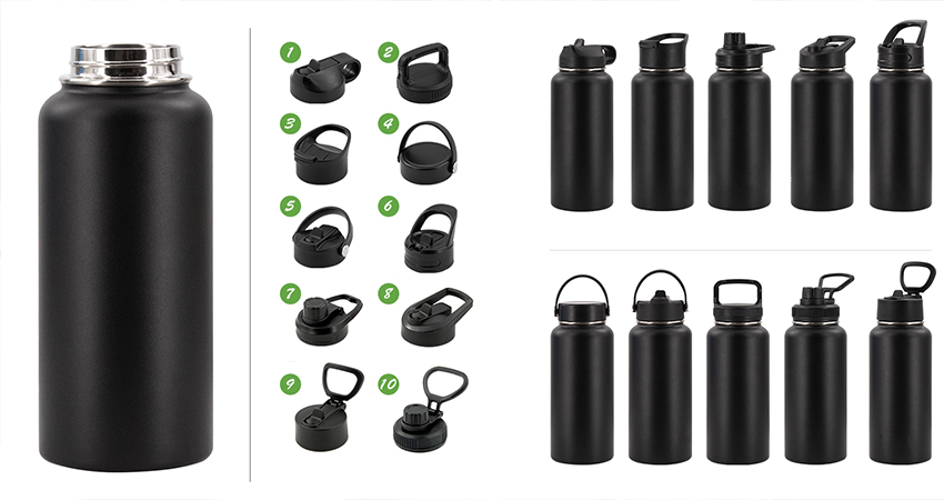 Stainless steel water bottle with handle, lid, straw, and magnetic lid