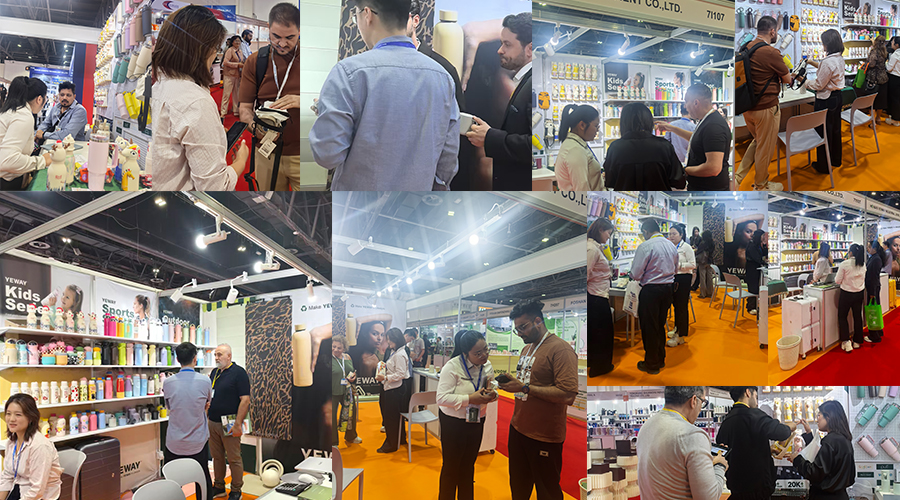 EWAY team discussing custom stainless steel bottle designs with clients at Dubai Expo 7I 107