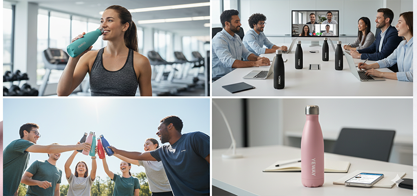 A collage showing custom water bottles in various settings: a gym, a remote team video meeting, and an outdoor corporate event