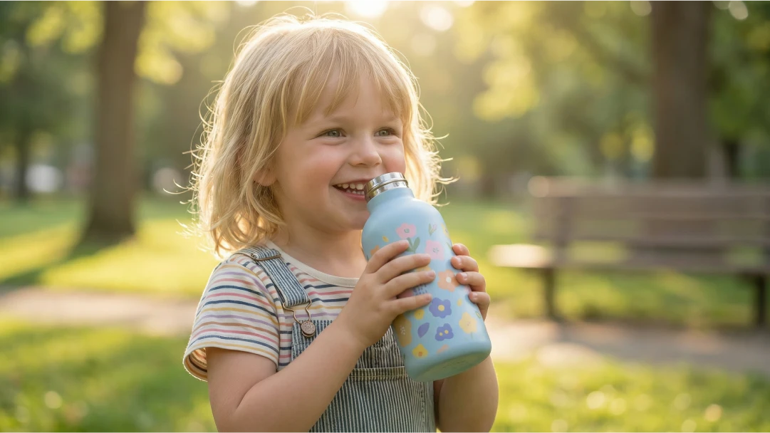 Narrow mouth 350ml kids insulated water bottle with 360-degree full-wrap custom printing for school.