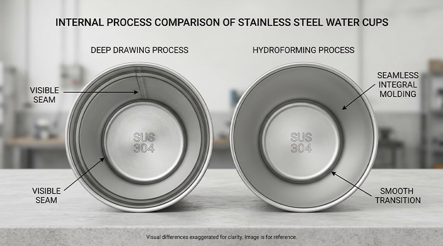 Comparison diagram of Deep Drawing and Water Bulging processes for stainless steel water bottles