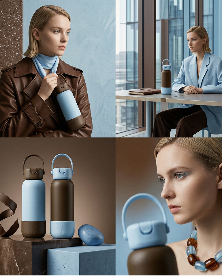 A lifestyle collage featuring a unique architectural handle insulated flask, demonstrating its use for modern professionals in an office setting and as a premium drinkware product.
