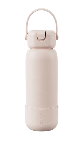 Bulk blush pink insulated bottle with silicone-handled square cap. Modular straw system (Metal/Silicone) for retail brands, reliable China supplier.