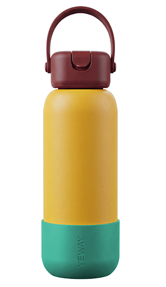 Vibrant yellow business flask with unique square lid and flexible handle. Supports dual straws, high-visibility stock for global importers.