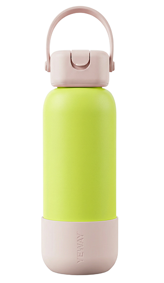 Custom creamy blue vacuum insulated bottle with square lid and silicone strap. Optional stainless steel straw set, premium OEM manufacturing.