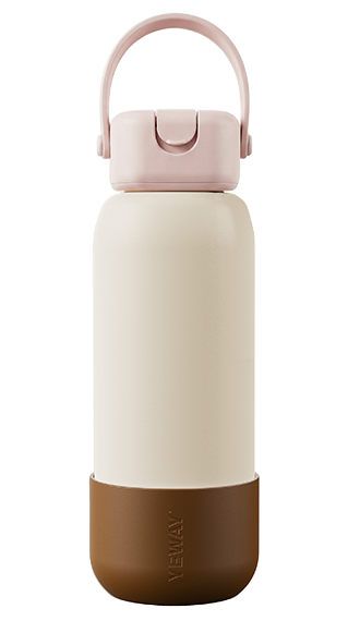 Matte espresso brown vacuum flask with structured square cap and silicone carrier. Minimalist professional aesthetic with modular straw options.