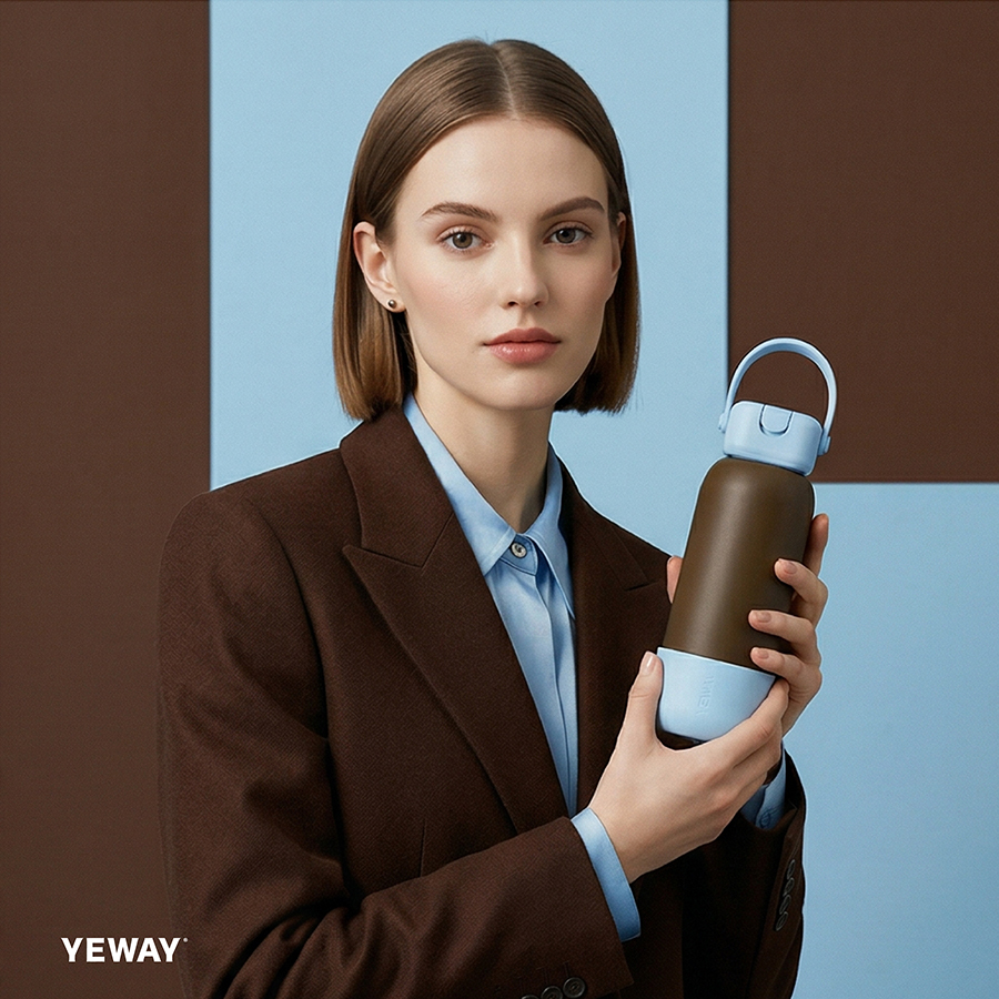 High-fashion portrait of a female model in a brown blazer holding the YEWAY modular insulated water bottle, emphasizing modern minimalist aesthetics and branding - YEWAY Manufacturing