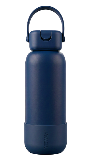 Forest green insulated bottle with unique square-round lid and silicone grip. Ready-to-ship stock with optional metal or silicone straws.