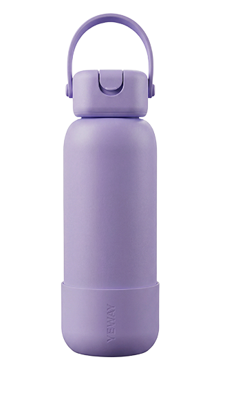 Lavender purple corporate gift flask with architectural square cap and silicone loop. Optional straw kit included, professional OEM/ODM services.