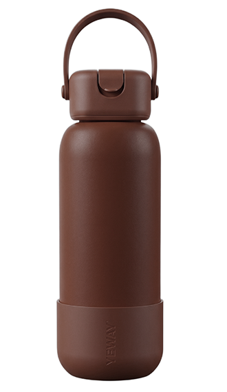 Custom light grey minimalist bottle with square lid and silicone strap. Premium OEM manufacturer for corporate branding and retail, straw options available.