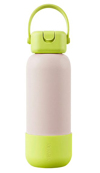 Wholesale mint green flask with square cap, silicone handle, and optional straw. Modern minimalist design, factory-direct for business gift sets.