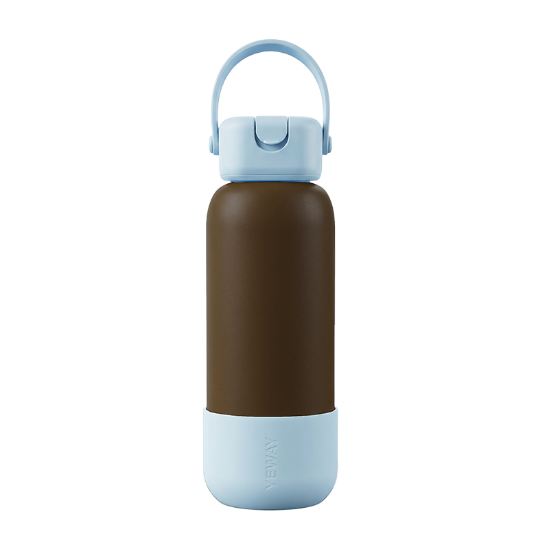 Bespoke modular design vacuum flask featuring interchangeable square-round handle lid and silicone boot in earth brown and sky blue.
