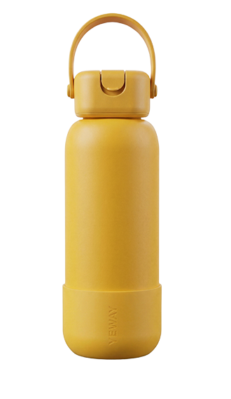 Minimalist mustard yellow flask with silicone-handled square lid and custom straw options. Factory-direct price for high-volume wholesale orders.